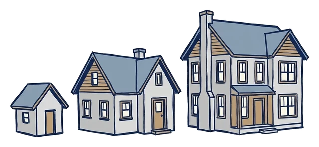 Drawing of three houses growing from a small cottage to a large two-story home