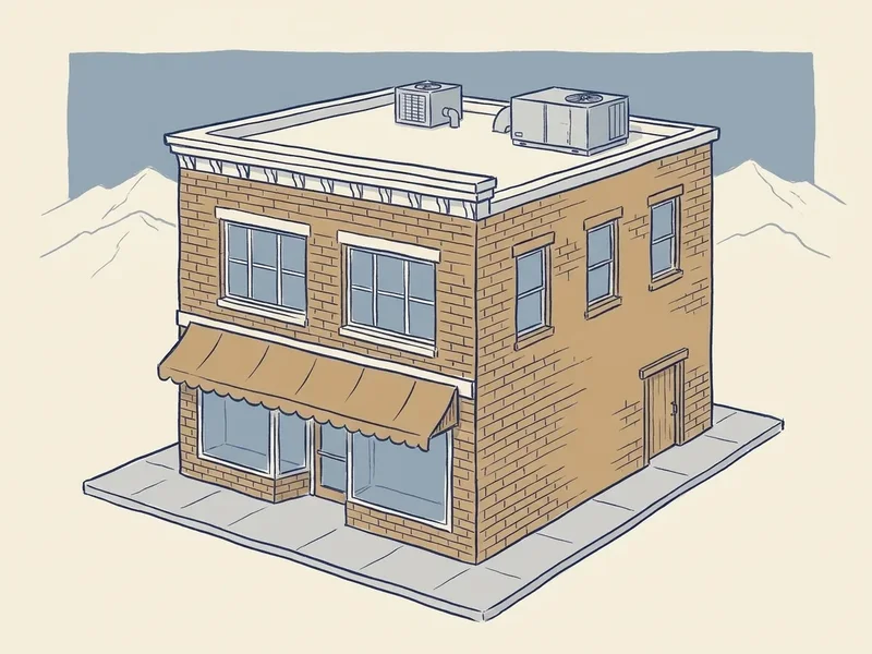 Illustration of a two-story brick commercial building with rooftop units