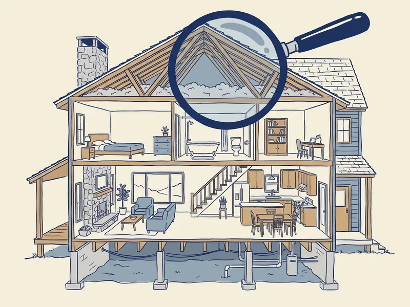 Illustration of a house cut away to show its rooms, attic and crawl space, with a magnifying glass over the attic