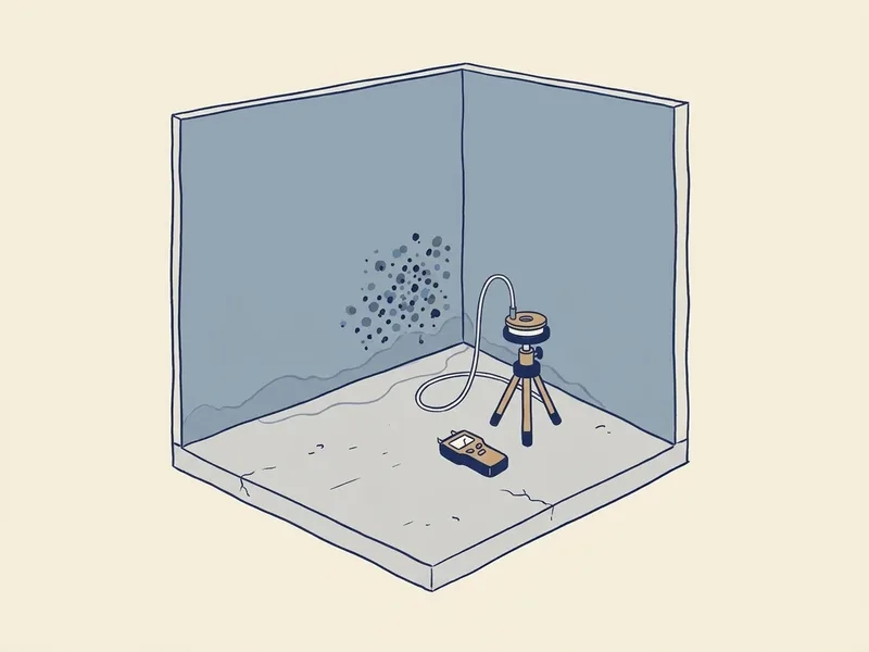 Drawing of an air sampling pump and moisture meter set up for mold testing in an Asheville, NC basement