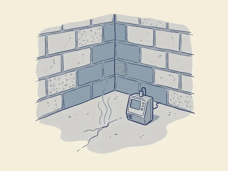Illustration of a radon monitor on a basement floor beside a block wall