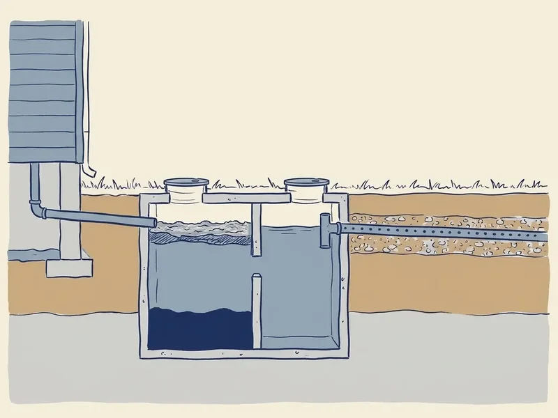 Drawing of a house, septic tank and drain field, the parts a septic inspection in Asheville checks