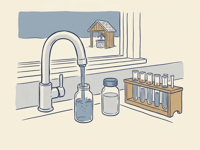 Illustration of a kitchen faucet filling a water sample bottle beside test tubes