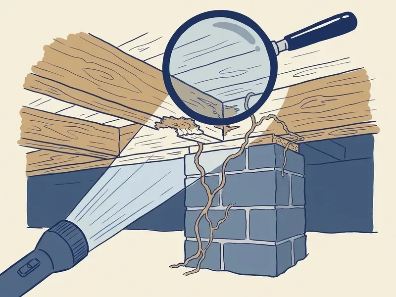 Illustration of mud tubes from wood-destroying insects climbing a foundation pier to the floor joists in a crawl space