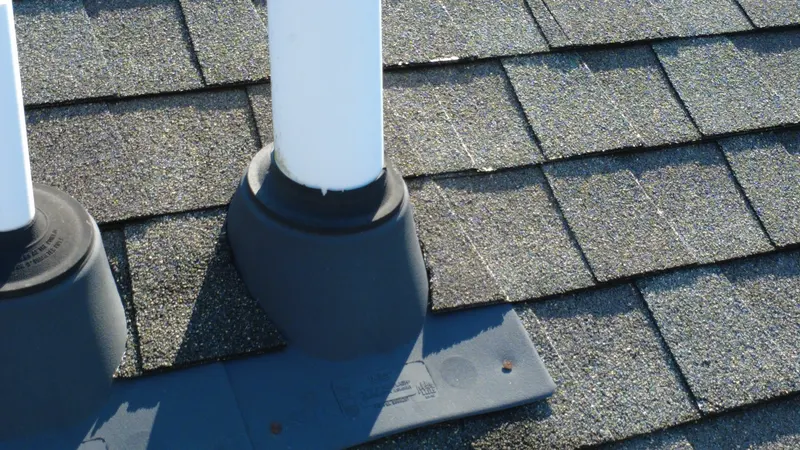 Drone photo of a plumbing vent boot on a shingle roof